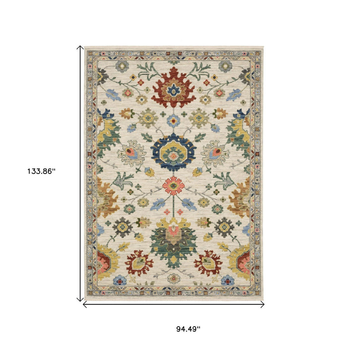8' X 11' Oriental Area Rug With Fringe - Ivory / Blue
