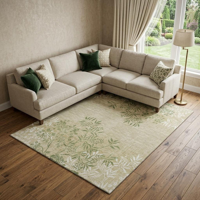 9' X 12' Floral Washable Area Rug With UV Protection (655643) - Khaki / Green / Ivory