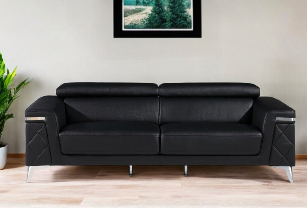Sofa With Silver Legs Italian Leather - Black