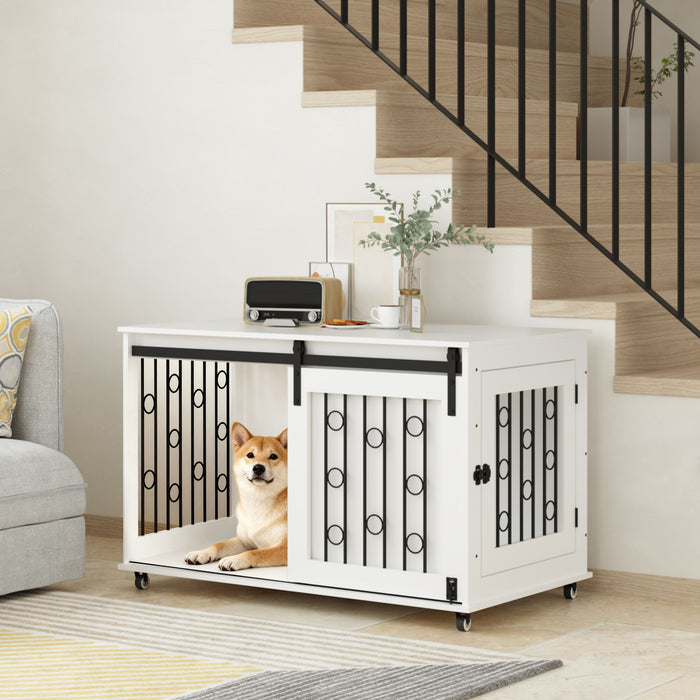 Giga white dog crate with sliding barn door, side access, lockable wheels, suitable for small to medium dogs, sturdy and functional.