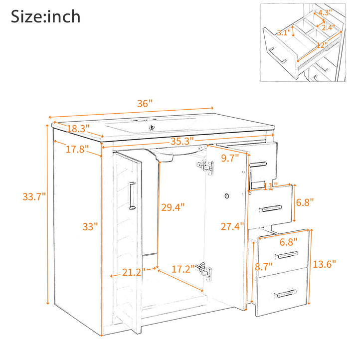 Giga bathroom vanity with sink, storage cabinet, three drawers, and soft-closing doors in a freestanding design