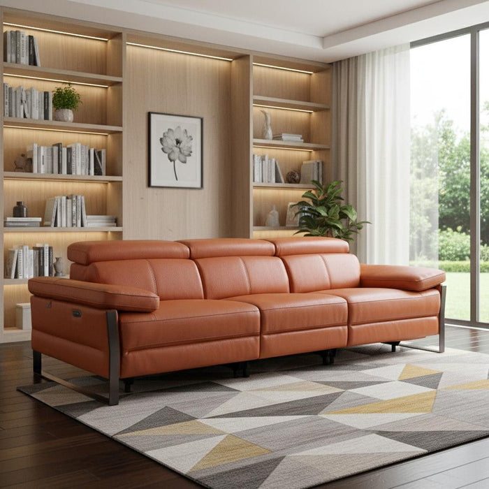 Top Grain Leather Reclining Metal USB Sofa (720329) - Camel