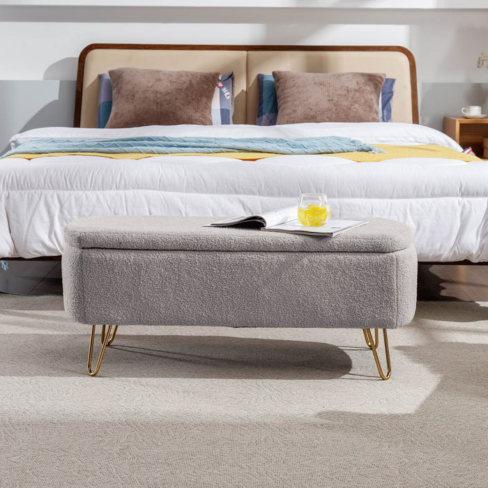 Giga storage ottoman bench with padded camel faux fur upholstery, modern design, and storage space for living room or bedroom.