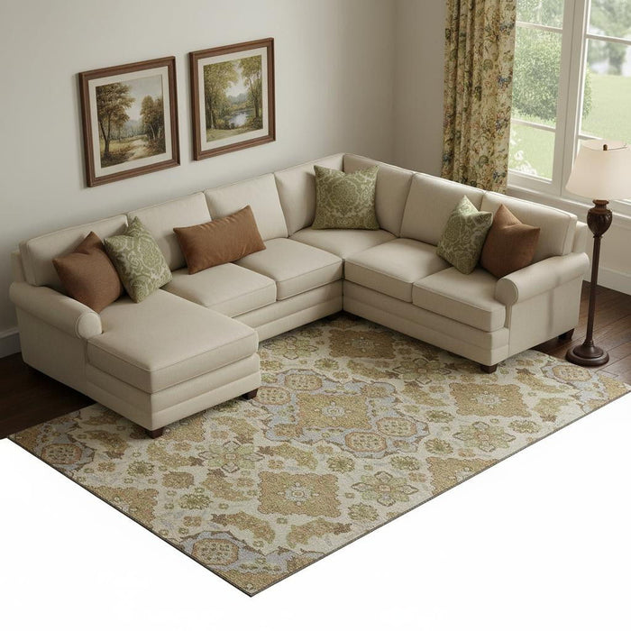 10' X 14' Floral Medallion Washable Area Rug With UV Protection (705815) - Beige / Tan