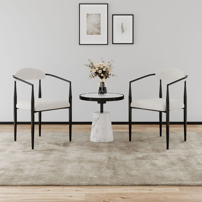 Set of 2 Giga mid-century modern dining chairs with boucle backrests, Sherpa upholstery, and metal legs for kitchen or dining room.