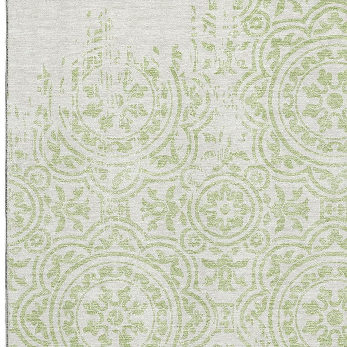 9' X 12' Medallion Washable Area Rug With UV Protection - Artichoke Green / Ivory