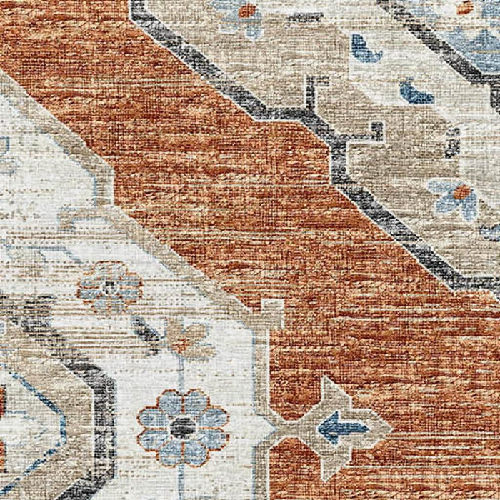 9' X 12' Tribal Distressed Washable Area Rug With UV Protection (644185) - Terra Cotta / Ivory / Blue