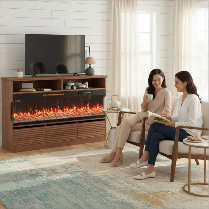 Wood Fireplace Entertainment Center With Fireplace - Brown
