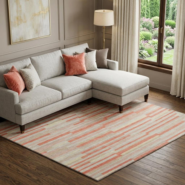 10' X 14' Striped Washable Area Rug With UV Protection (671096) - Salmon / Beige