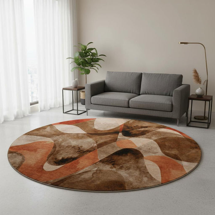 8' Abstract Washable Round Rug With UV Protection (648067) - Chocolate / Beige / Copper