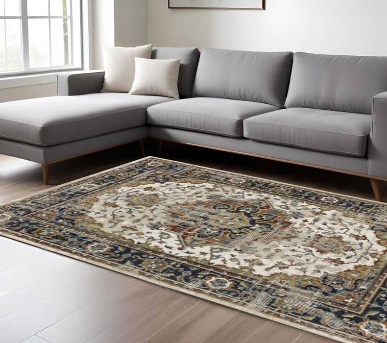 8' x 10' Oriental Power Loom Stain Resistant Area Rug - Beige Blue Green Rust And Gray