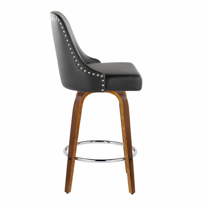 Marcel - 27" Fixed-Height Counter Stool With Swivel And Round Chrome Metal Footrest (Set of 2) - Walnut Wood And Black Faux Leather With Chrome Nailhead Trim