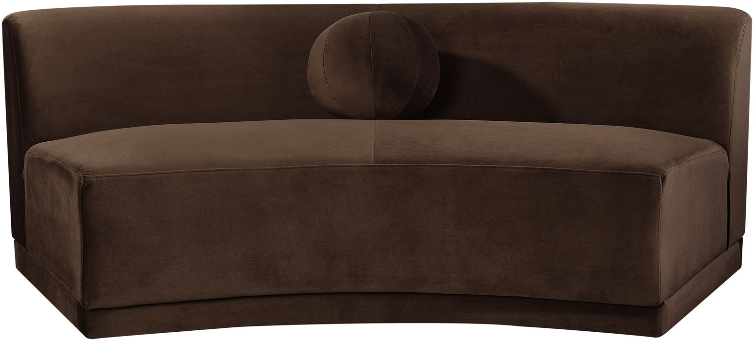 Velvet upholstered armless sofa from Meridian Furniture, Avra collection, featuring sleek design and plush performance fabric.