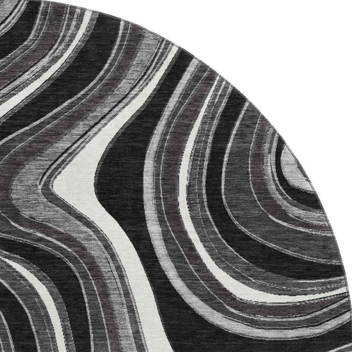 8' Marble Washable Round Rug With UV Protection - Black