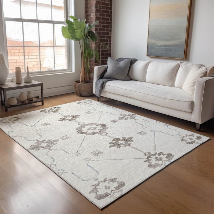 10' X 14' Floral Medallion Washable Area Rug With UV Protection - Taupe And Ivory