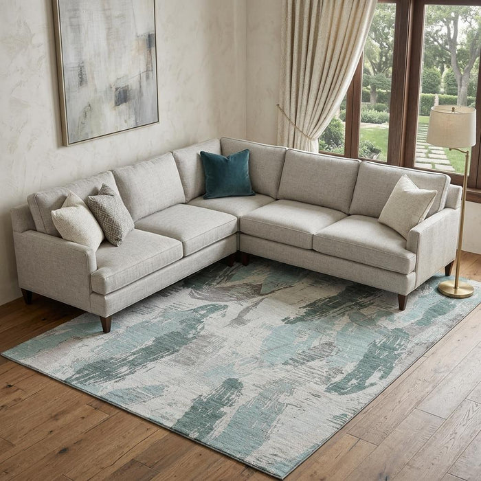 10' X 14' Abstract Washable Area Rug With UV Protection (694670) - Teal / Ivory / Gray