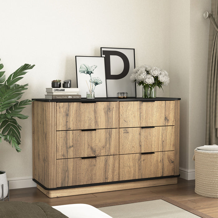 Giga modern accent cabinet with six drawers, natural wood finish, metal rounded corners, and elegant handles for versatile storage.