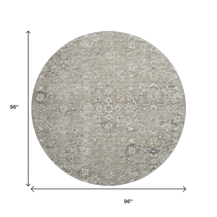 8' Floral Medallion Distressed Washable Round Rug With UV Protection (644207) - Stone / Coffee