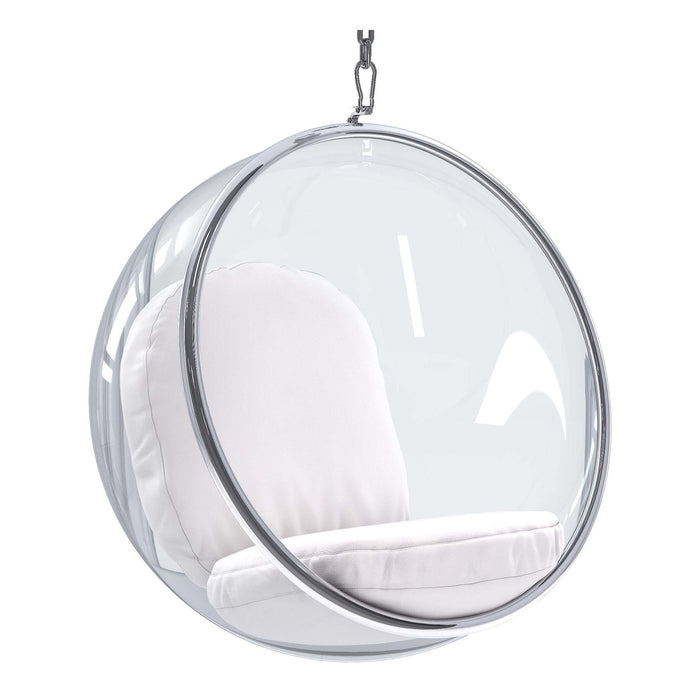 Acrylic And Faux Leather Hanging Balloon Chair - White And Silver