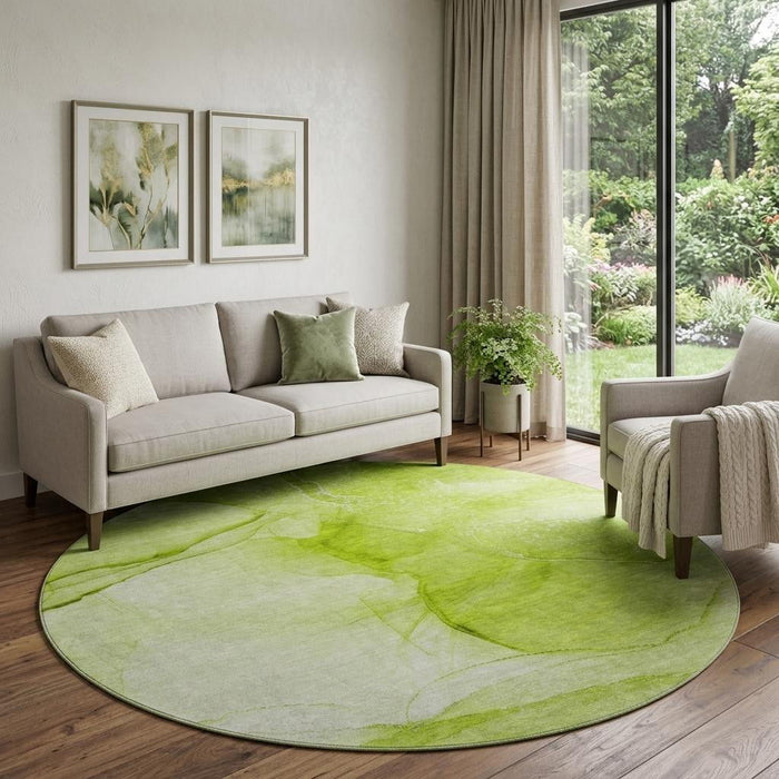 8' Abstract Washable Round Rug With UV Protection (646861) - Green / Ivory