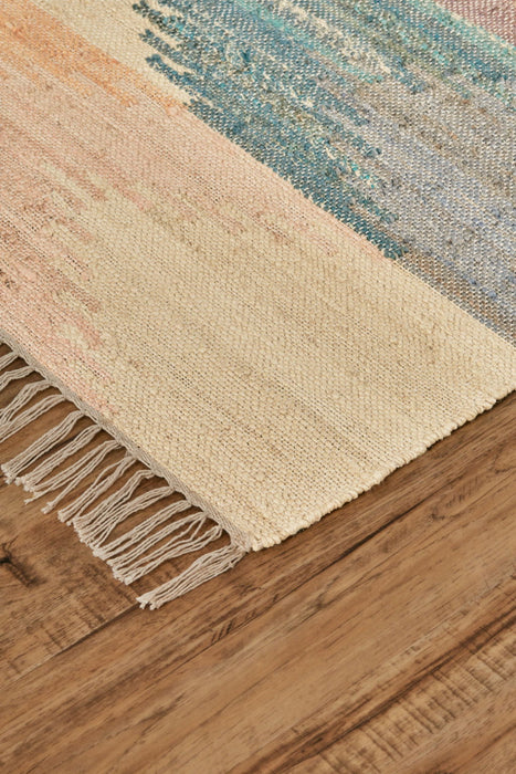 10' x 14' Geometric Dhurrie Flatweave Handmade Area Rug With Fringe - Tan Blue And Orange