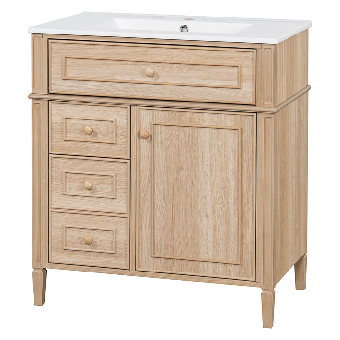 Giga wood bathroom vanity with sink, flip-out drawer, two soft-close drawers, and one soft-close door, showcasing modern design.