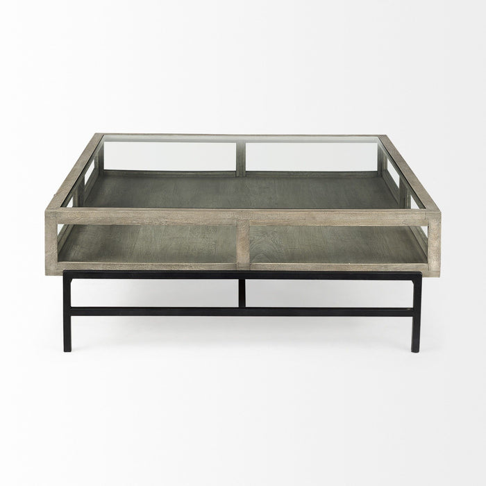 Gray and black glass and metal square coffee table with shelf, modern HomeRoots coffee table for living room decor.