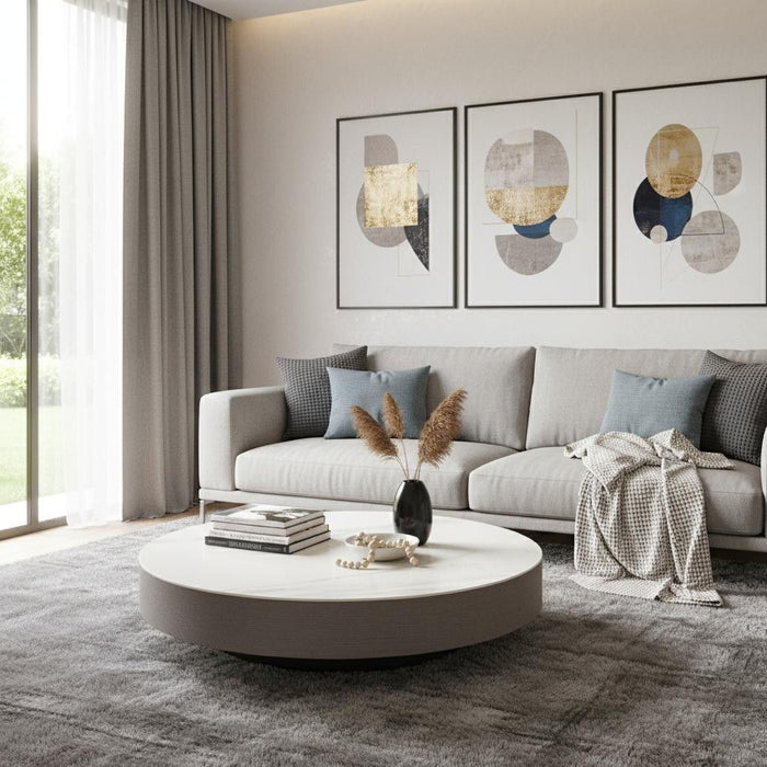 Ceramic Tile Solid Wood Round Pedestal Coffee Table - Gray