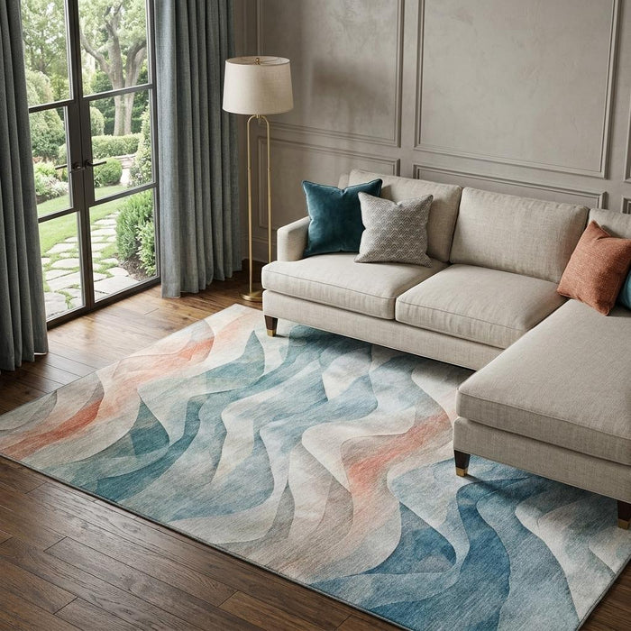10' X 14' Abstract Washable Area Rug With UV Protection (694827) - Teal / Peach / Ivory