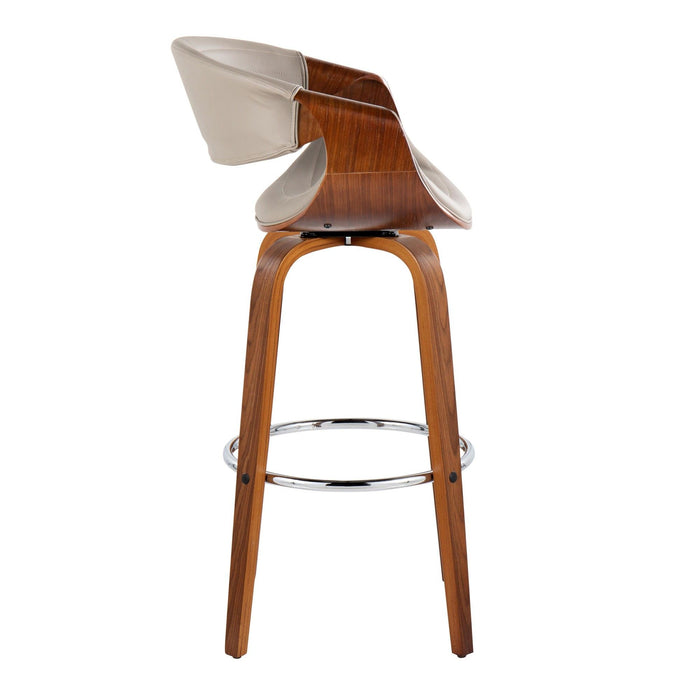 Curvo - 30" Fixed-Height Barstool With Swivel And Round Chrome Metal Footrest (Set of 2) - Walnut Wood