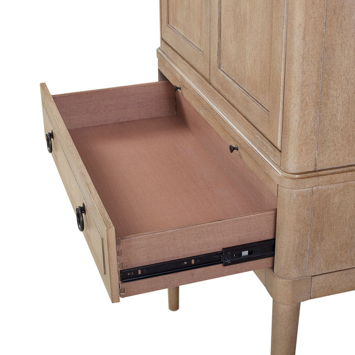 Sand-colored Bernards Furniture wine cabinet with storage shelves and a sleek, modern design for elegant home bar organization.