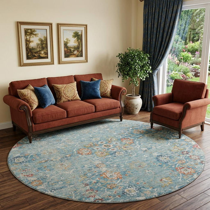 8' Floral Medallion Distressed Washable Round Rug With UV Protection (644213) - Blue / Orange / Gold