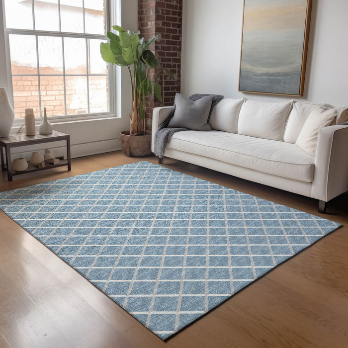 9' X 12' Geometric Washable Area Rug With UV Protection - Sky Blue / Ivory