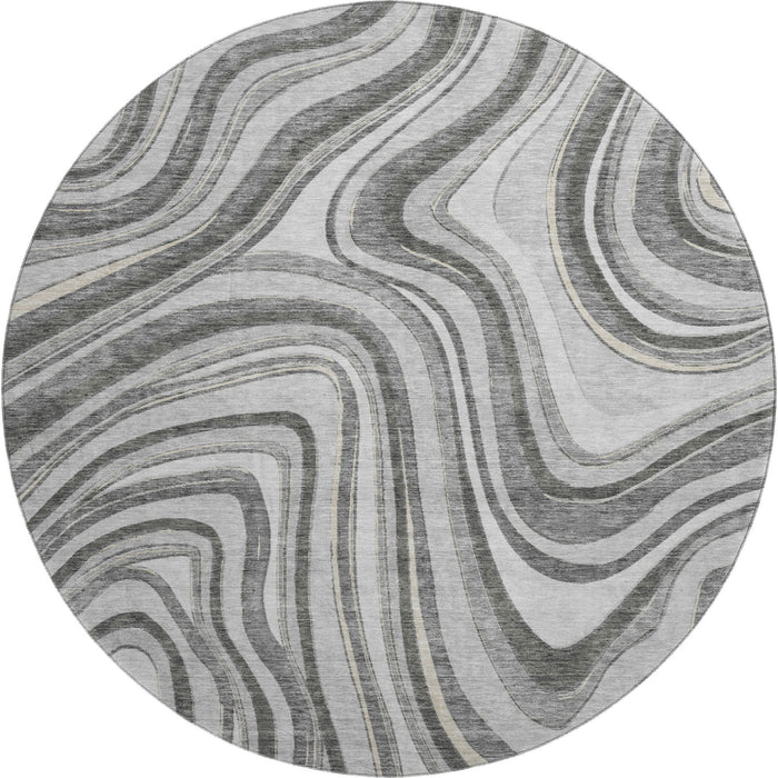 8' Marble Washable Round Rug With UV Protection - Gray And Ivory