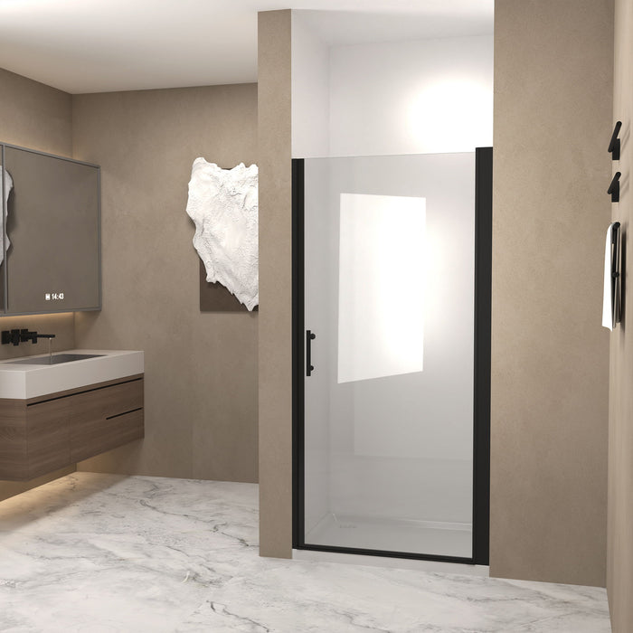 Giga shower door with clear glass and explosion-proof safety film, featuring sleek frame and modern design for bathroom safety.