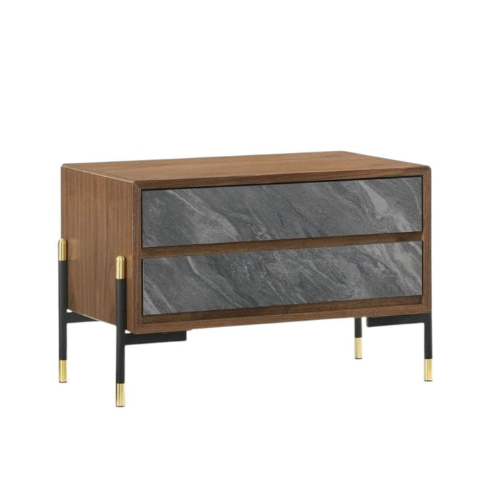 Mid Century Faux Marble Two Drawer Nightstand - Walnut And Gray