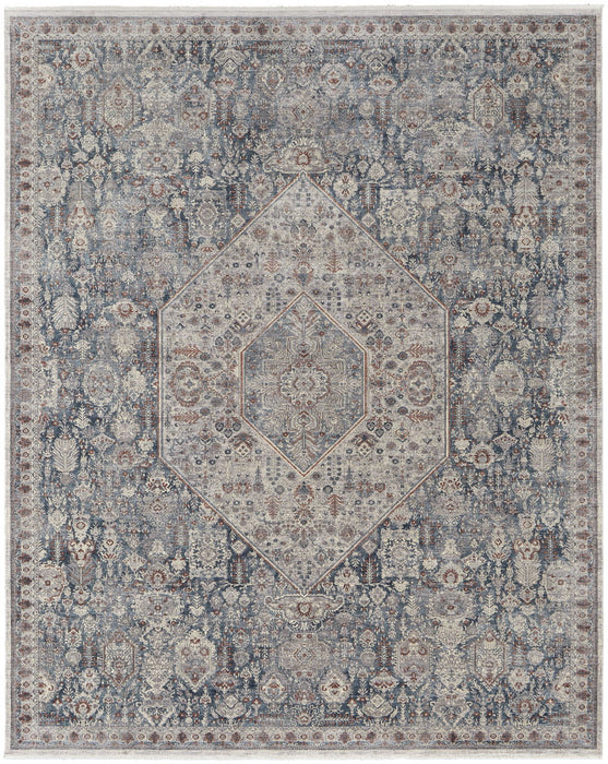 7' x 10' Floral Power Loom Stain Resistant Area Rug - Blue And Ivory