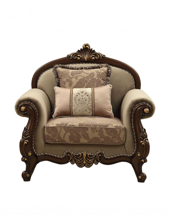 Velvet Floral Arm Chair - Beige And Brown