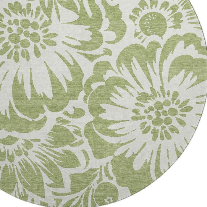 8' Floral Washable Round Rug With UV Protection (648613) - Fern Green / Ivory