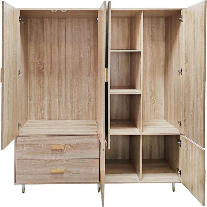 Natural wood 71-inch four-door wardrobe with two drawers from HomeRoots, showcasing a sleek, modern dresser design.