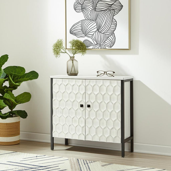 Gray and white 32-inch wood and metal carved geometric accent cabinet with two doors, by HomeRoots.