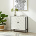 Gray and white 32-inch wood and metal carved geometric accent cabinet with two doors, by HomeRoots.