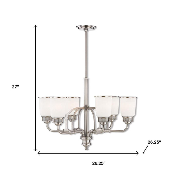 Six Light Metal Dimmable Chandelier With Shades - Nickel / Opal