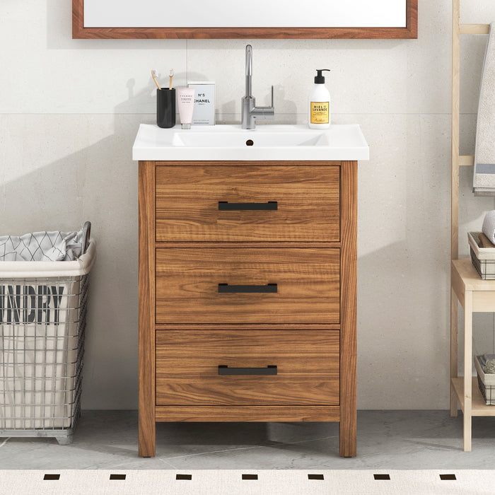 Giga 24-inch bathroom vanity with basin sink and 3 drawer storage cabinet in natural wood finish.