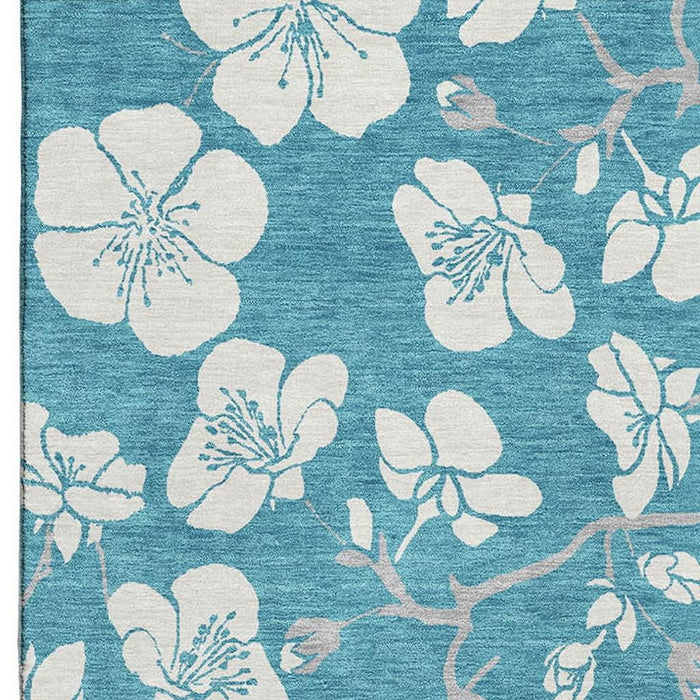 10' X 14' Floral Washable Area Rug With UV Protection (681083) - Turquoise / Ivory