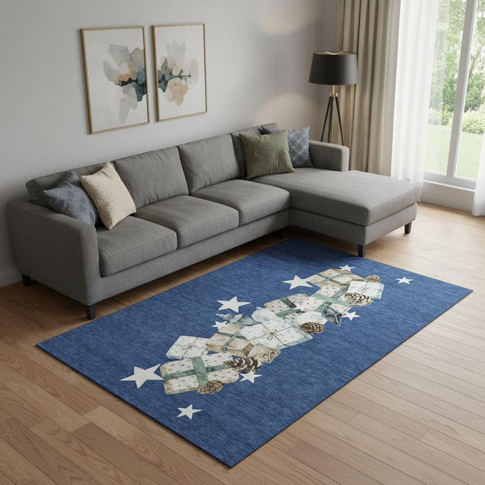 10' X 14' Geometric Washable Area Rug With UV Protection (702371) - Navy Blue / Beige / Ivory