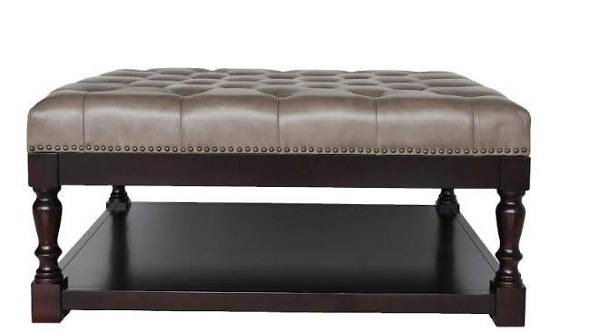 Leather And Solid Wood Coffee Table With Shelf - Gray And Dark Brown
