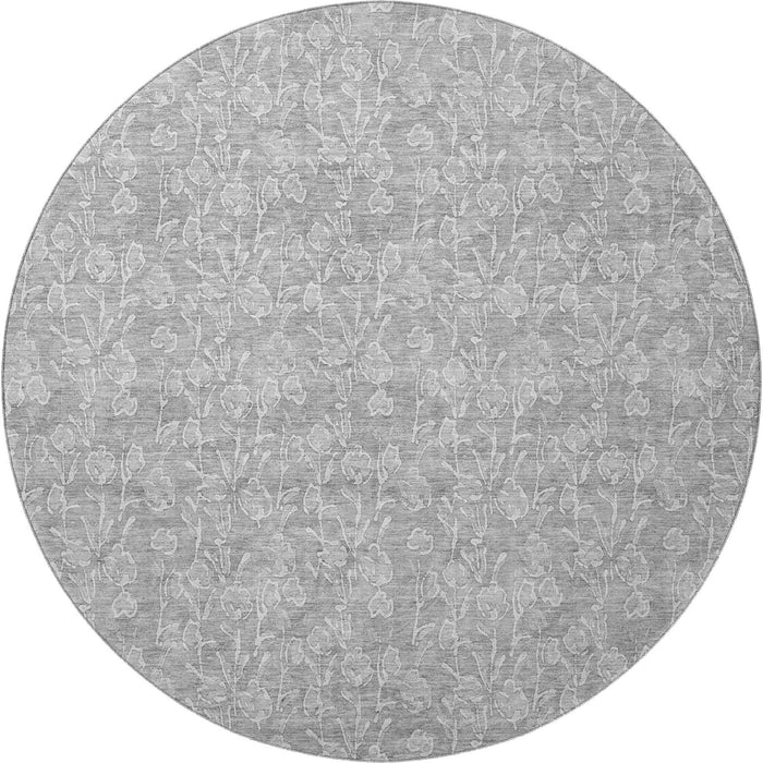 8' Floral Washable Round Rug With UV Protection (656421) - Silver / Ivory