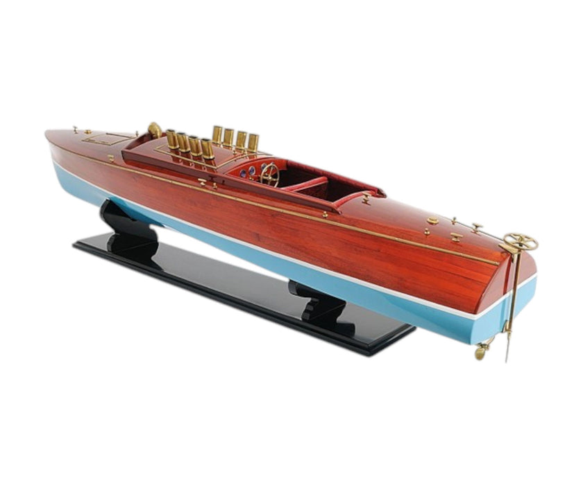 Hand Painted Model Boat Tabletop Sculpture - Blue / Brown