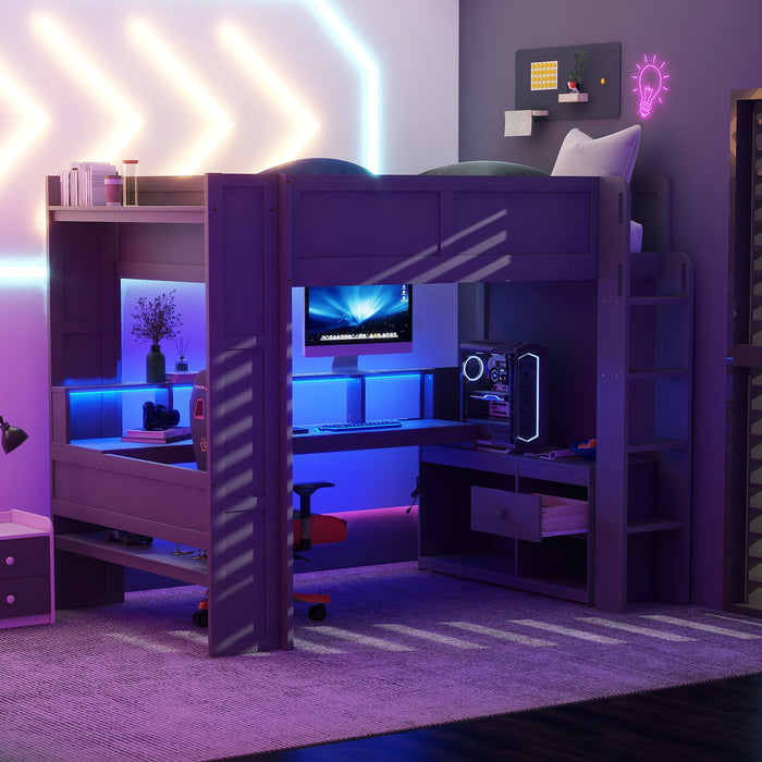 Gaming Loft Bed With Desk, Multi Storage Shelves, LED And Charging Station